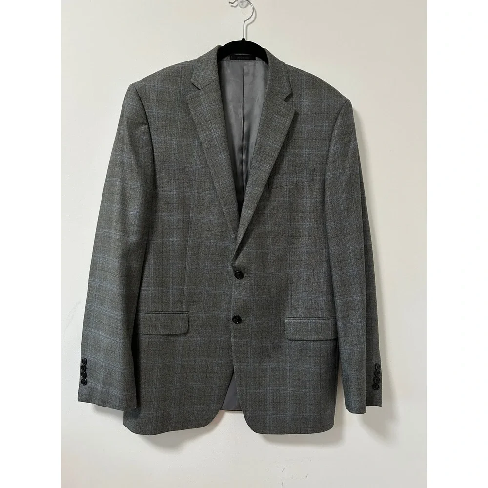 LAUREN Ralph Lauren Mens 42L Gray Blue Plaid Windowpane Wool Silk Blazer Jacket